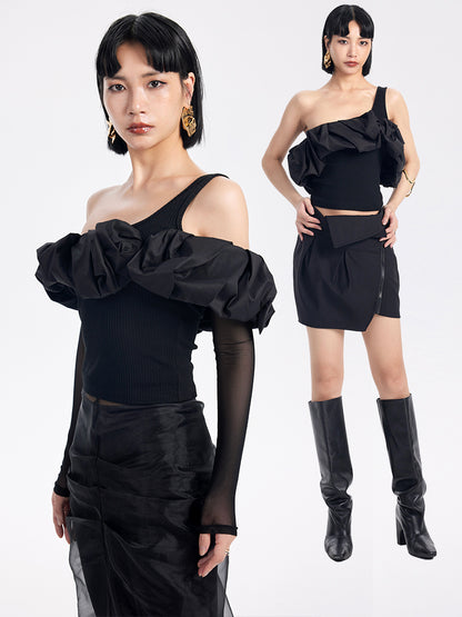 TINY IN  ruffle slanted shoulders cropped top with mesh sleeve -ZAN