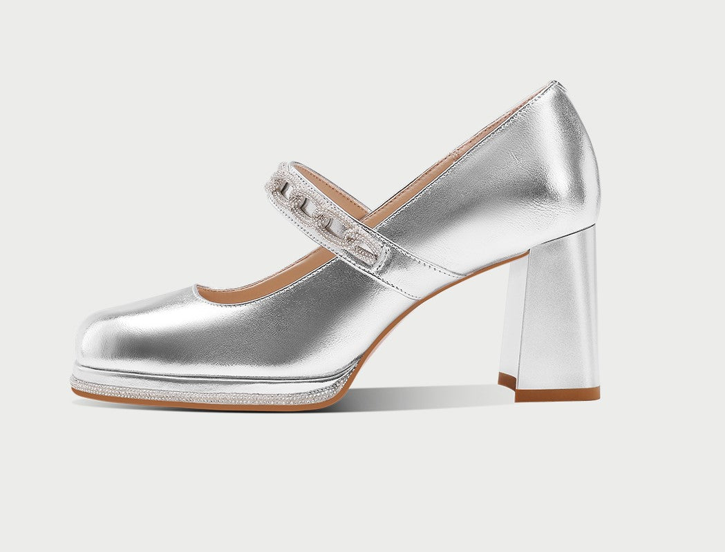 PJJUU beautiful silver mary jane thick heel - POWER.