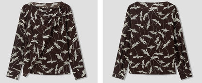 COMME MOI Lu Yan Designer New Women's Retro Printed One-Line Collar Silk Shirt - PRIDE.