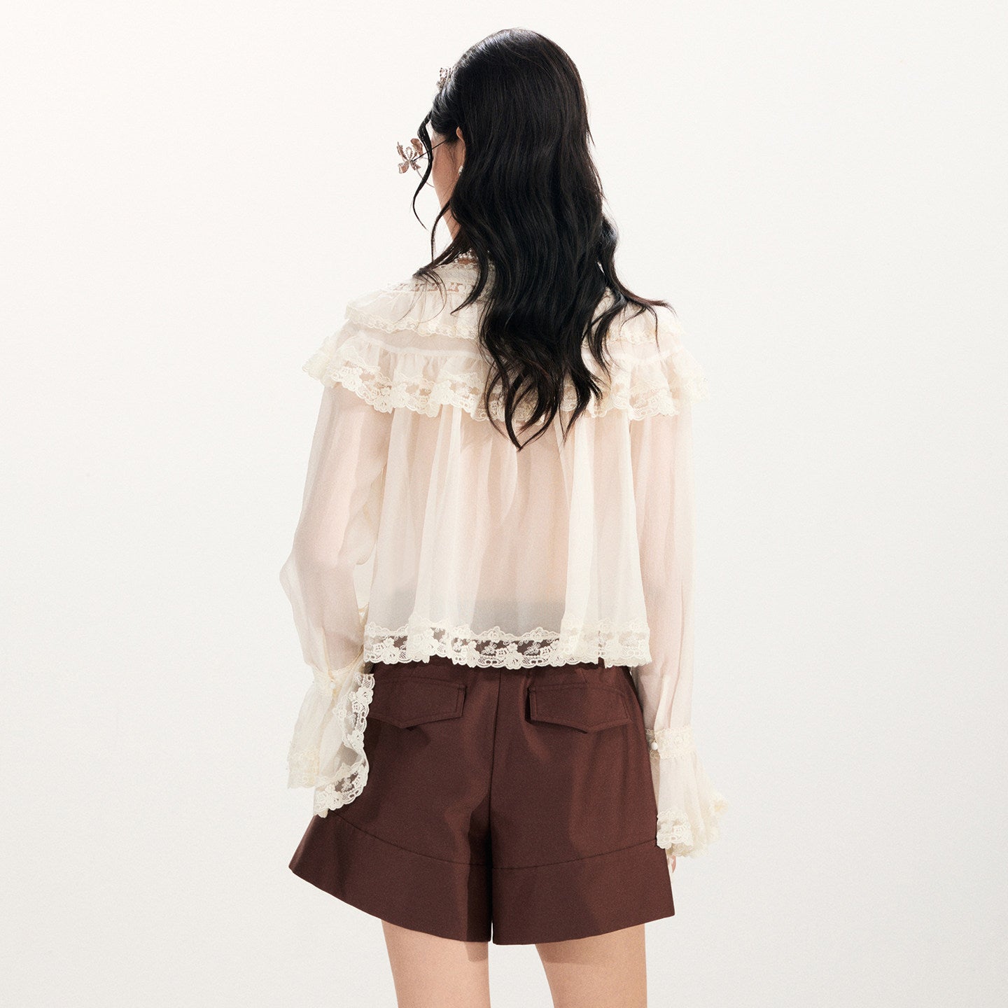 FAME Embroidered Ruffle V-Neck Long Sleeve Top