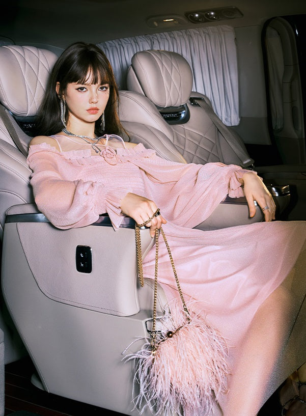 CHICHY French Gentle Long Sleeve V-Neck Pink Dress-KANA