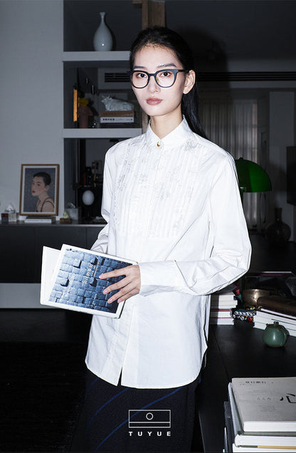 TUYUE White Jacquard Pleats Stand-up Collar Long-sleeved Shirt- JINN.