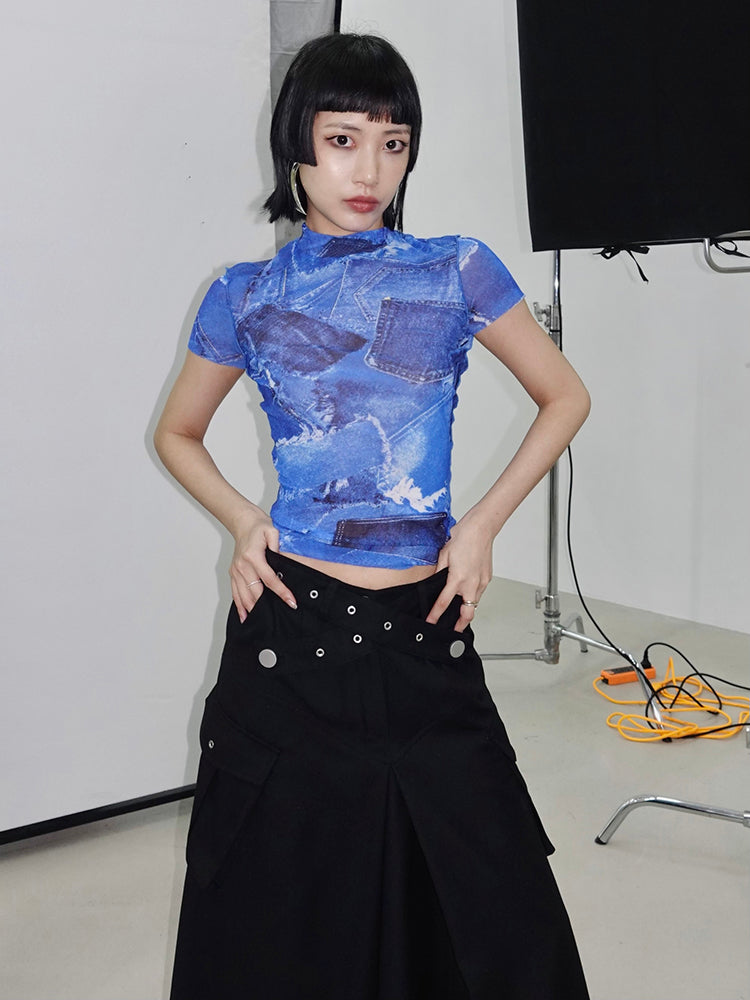 TINY IN denim print sun protection mesh long short sleeve t-shirt -IHU