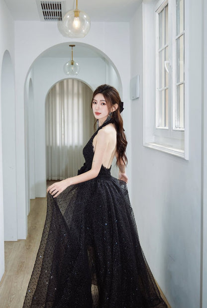 DOLLY Elegant Black French Style  Polka Dot V-Neck Sleeveless Long Banquet Dress-IIENA