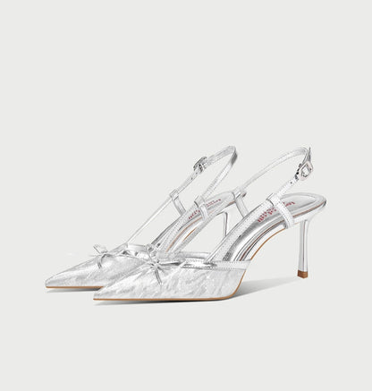 Pjjuu Stiletto Strap High Heels silver sling back pumps- MERLIN