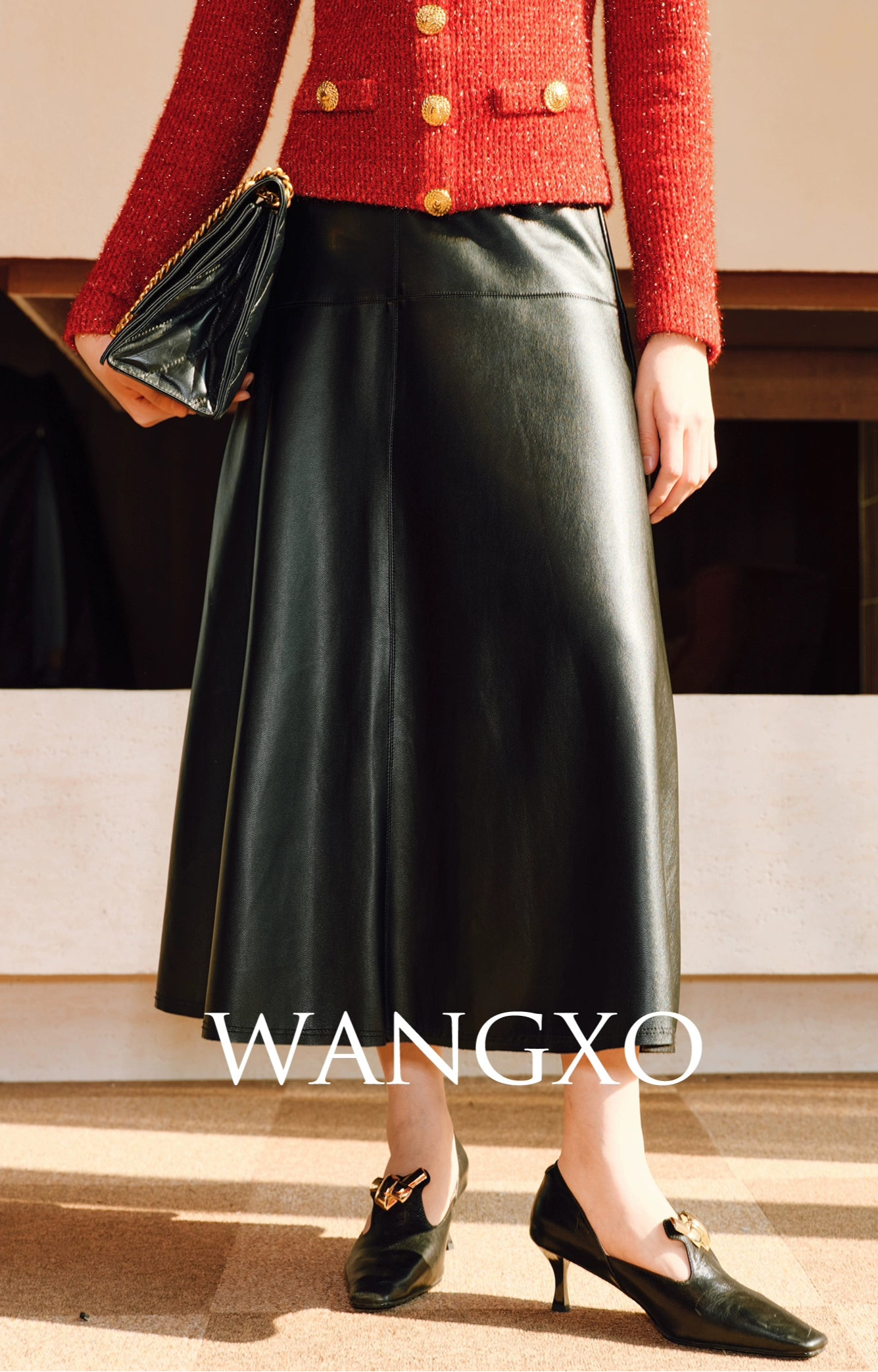 WANGXO | Luxurious Glossy Protein Leather Sheepskin A-Swing Skirt-ZARA.