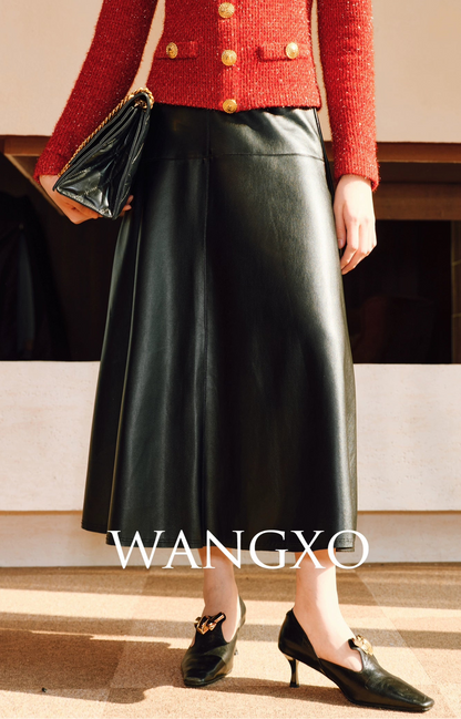 WANGXO | Luxurious Glossy Protein Leather Sheepskin A-Swing Skirt-ZARA.