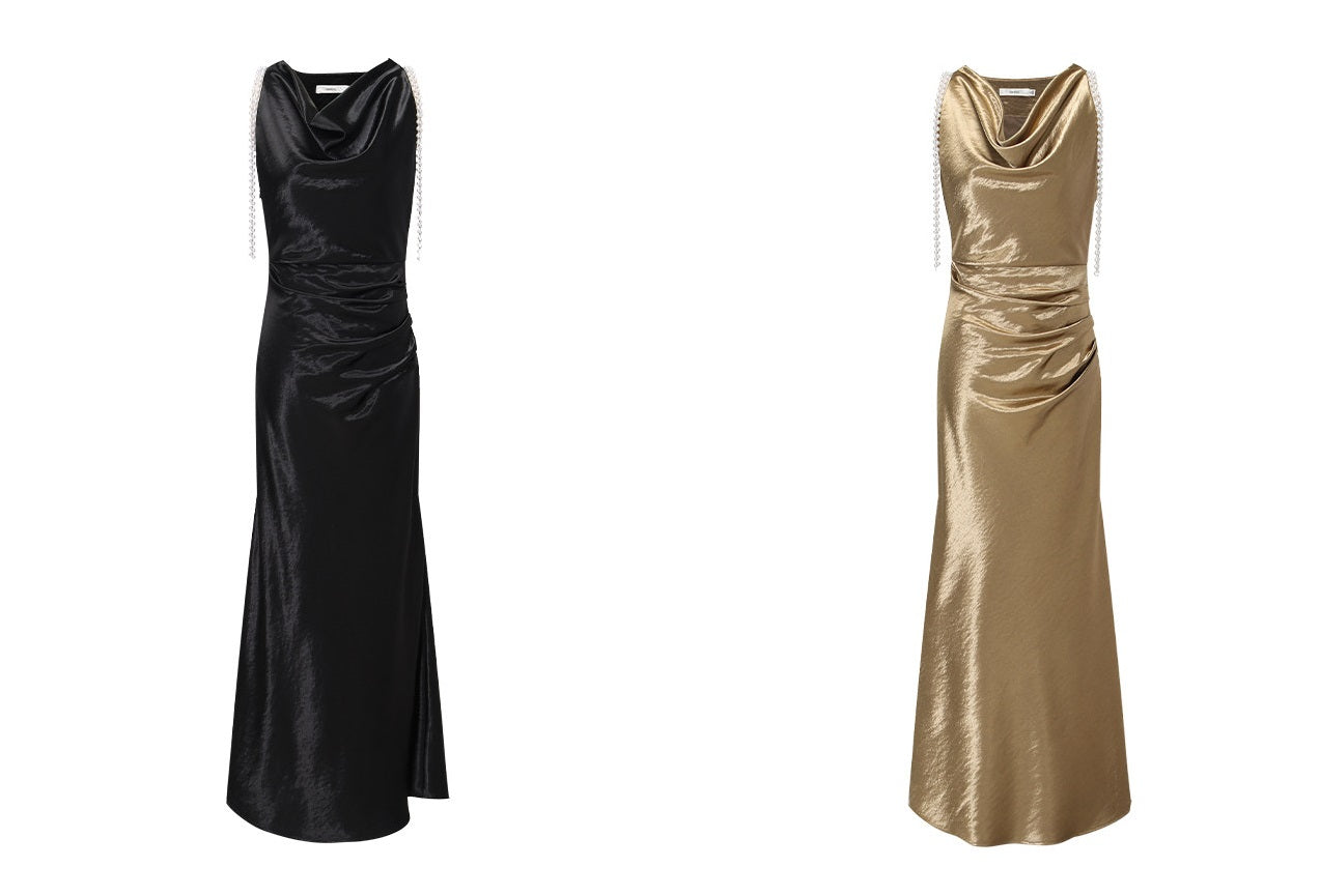 WANGXO |Detachable Pearl Pendant Swing Neck Waist Fishtail Dress -NOYA