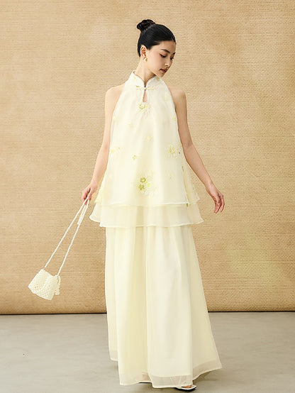 HECO Chinese double-layer tulle flesh covering elastic ballet style vest two-piece - LEVI.