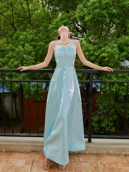 DOLLY High End Blue Off Shoulder Sleeveless Long Suspender Banquet Dress-AGATHA