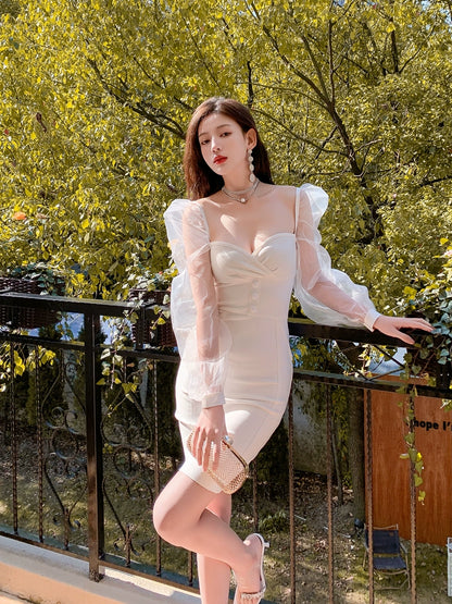 DOLLY Elegant White/Black V-Neck Mesh Long Puff Sleeve Slim Fit Dress-HAN