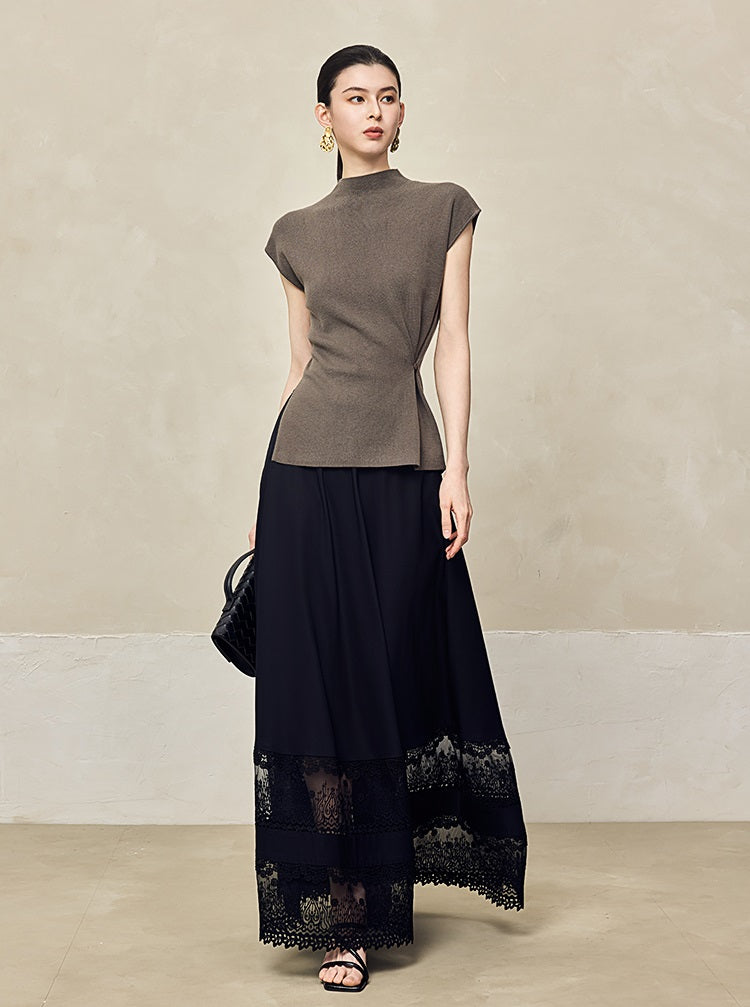 HECO Waist Side Buckle Stand Collar Knitted Short Sleeve Top- BLOOD.