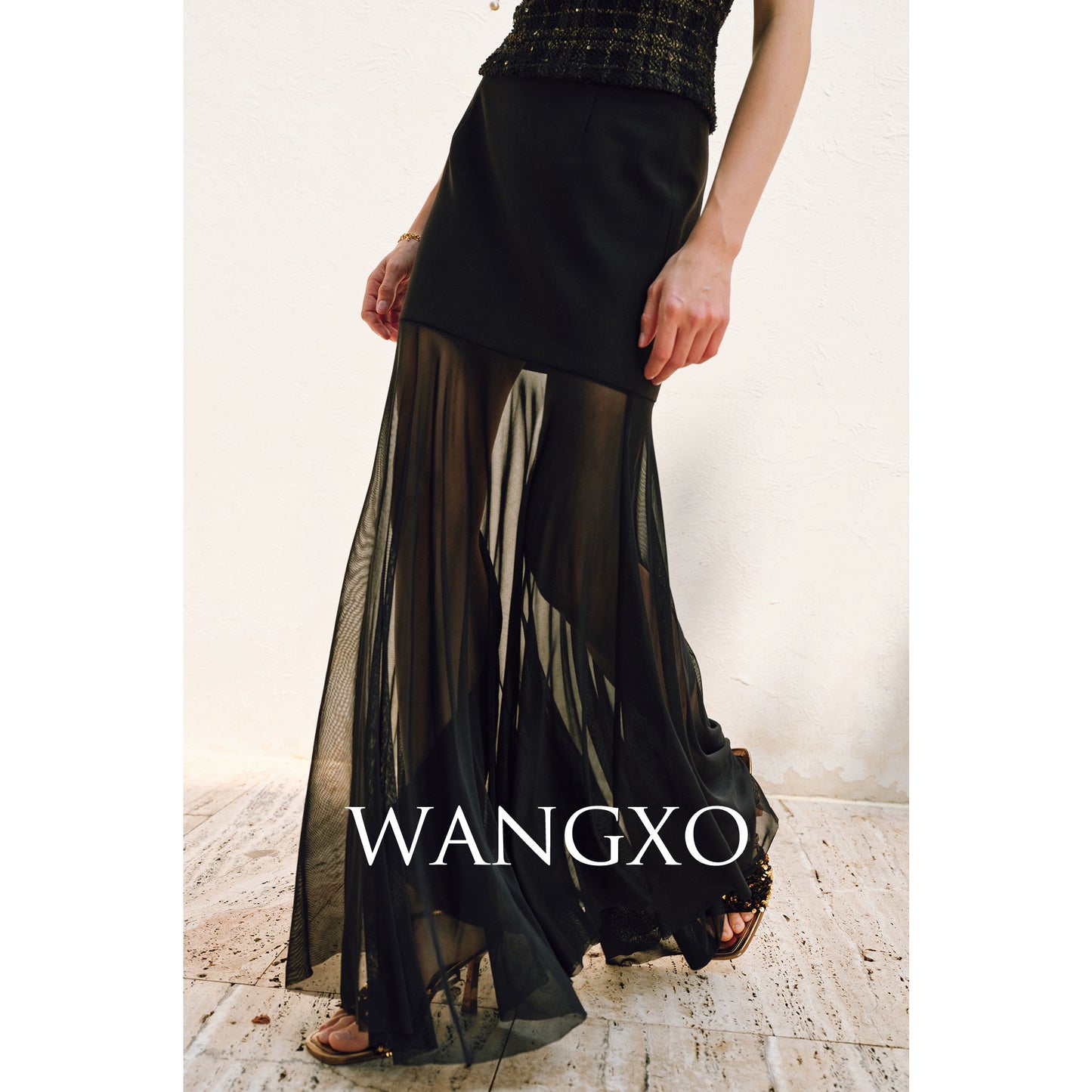 WANGXO | Twill Roman Knit with Lightweight Sheer Paneling  A-Line Hem Flowing Skirt  -RAYA