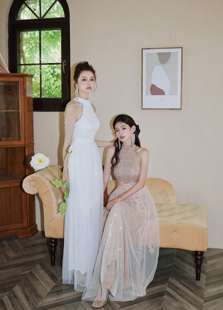 DOLLY Luxury Stand Collar Sleeveless Sequin Glitter Beads Long Nesh Cocktail Dress-SOPHIA