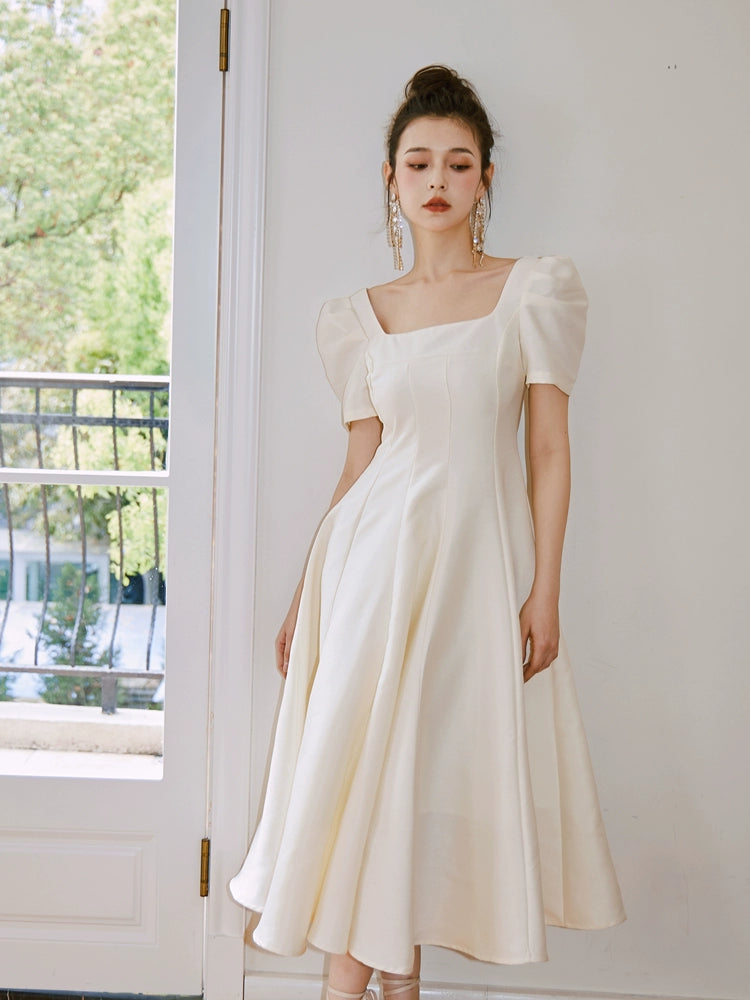 DOLLY Elegant Retro Square Neck Short Puff Sleeve Satin Long A-Line Dress-BAMBI