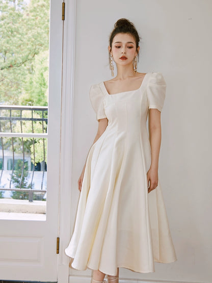 DOLLY Elegant Retro Square Neck Short Puff Sleeve Satin Long A-Line Dress-BAMBI