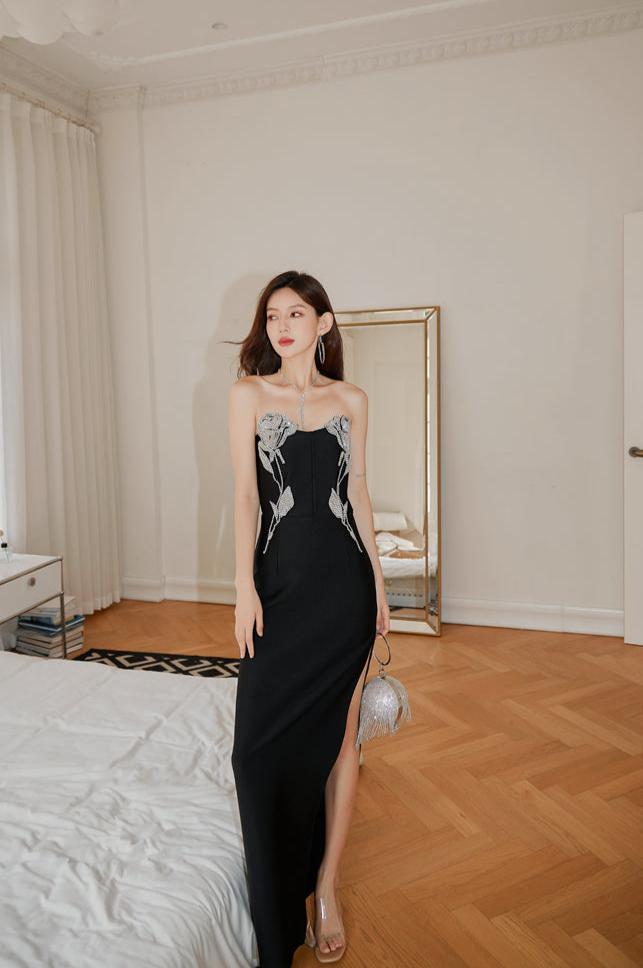 formal sleeveless women's black off the shoulder sexy dress DOLLY Luxury Black Sleeveless Off Shoulder Diamond Tube Top Long Slit – GOOD GIRL REBEL