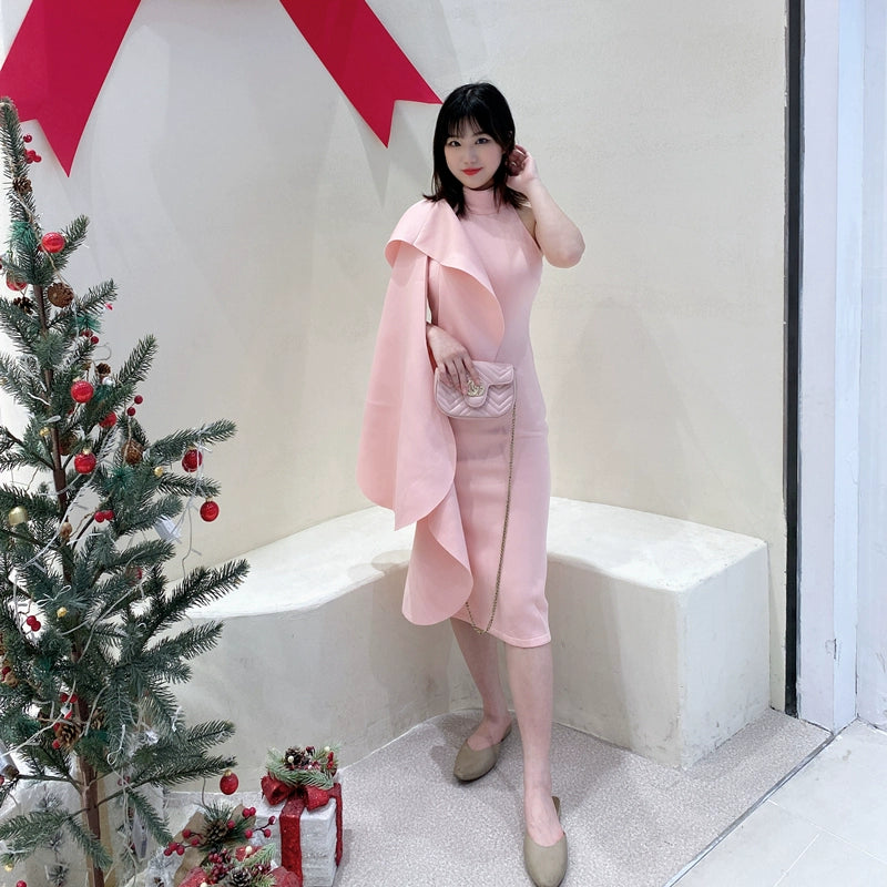 DOLLY Elegant Stand Collar Sleeveless Ruffle Midi Business Dinner Dress-RAINA