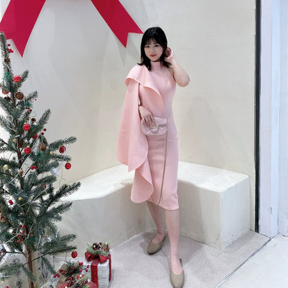 DOLLY Elegant Stand Collar Sleeveless Ruffle Midi Business Dinner Dress-RAINA