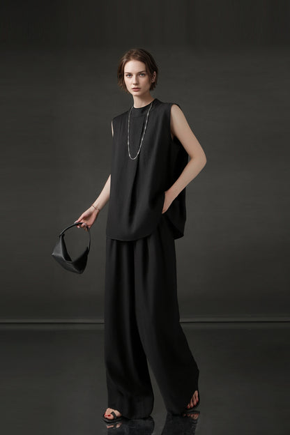 PIAOIN texture linen silk stand up collar sleeveless t-shirt - MADEI