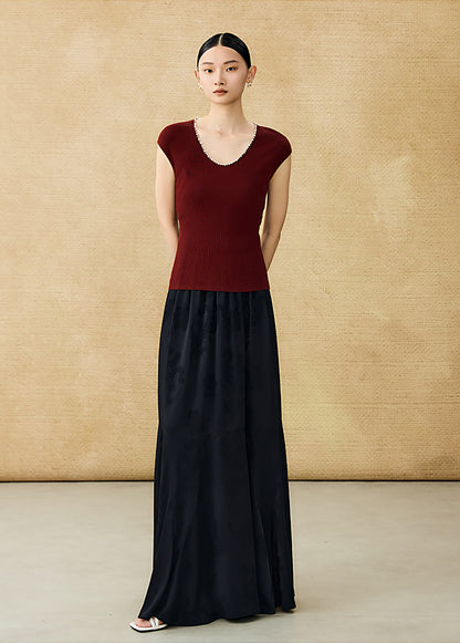 HECO Chinese style U-neck nail bead shoulder wrap small fly sleeve top - ROSE.