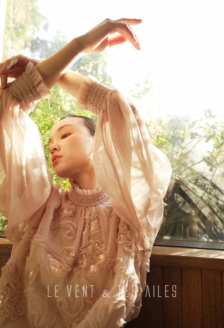 LE VENT&TES AILES Scarlet Mist Disc Sequin Tops Spring Long Sleeve Top - ANYA