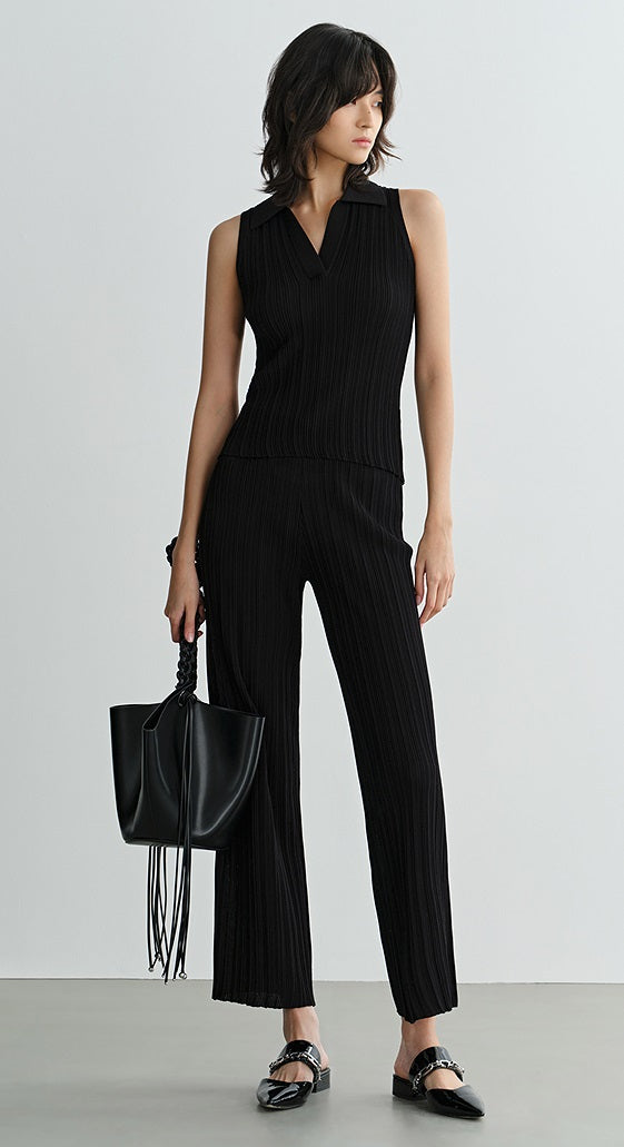 COMME MOI Lv Yan designer summer women's black thin texture knitted straight pants - AYLA.