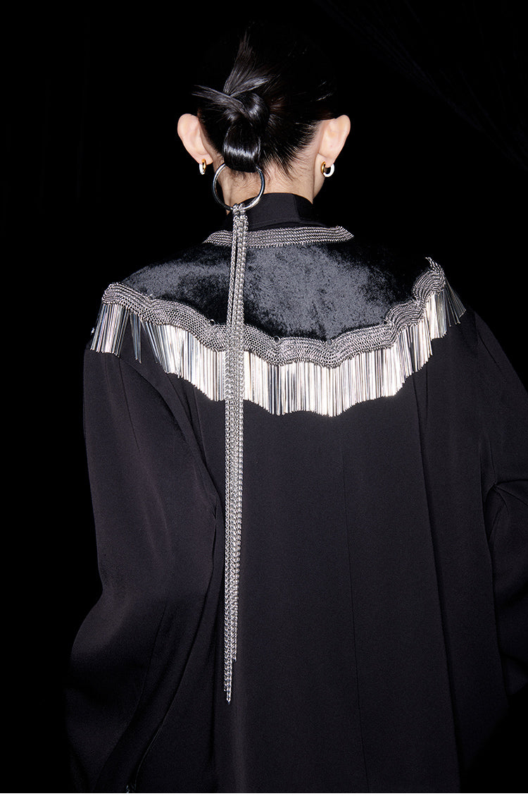 M essential Mackay designer silk-velvet crewneck tassel cape blazer dress set-  Benny.