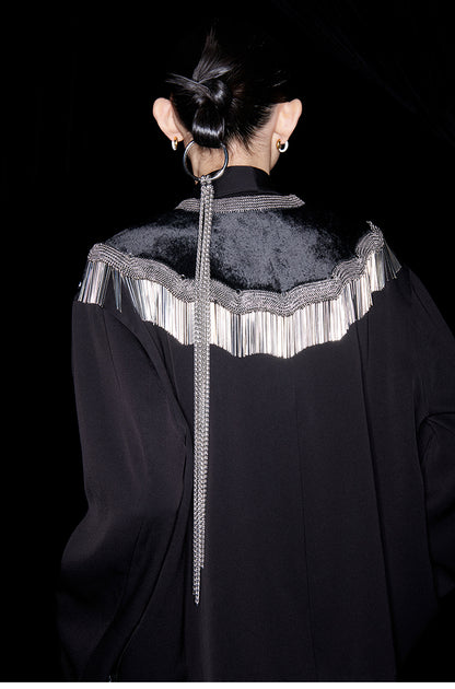 M essential Mackay designer silk-velvet crewneck tassel cape blazer dress set-  Benny.