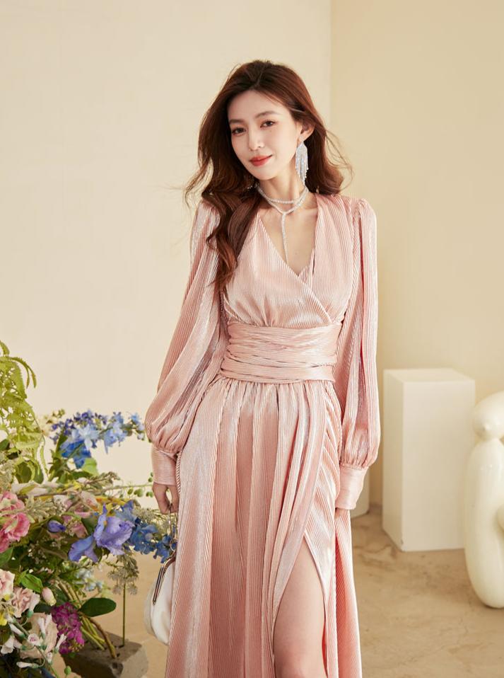 DOLLY Elegant Peach V-Neck Long Puff Sleeve High Waist Long Flowing Guest Dress-BESTY