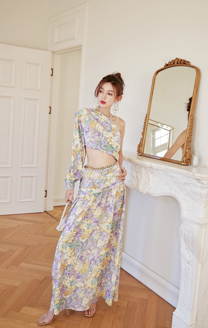 DOLLY Luxury French Style Floral One Sleeve Off Shoulder Waist Baring Slit Resort Dress-LYRA