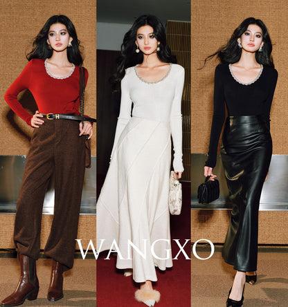 WANGXO | Diamond Chain Trim U-Neck Knitted Long Sleeve Top-EIRA.