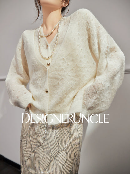 DGU "Mist Fleece" White Cardigan New Hollow Loose Lazy Style Versatile Top - ESTI .