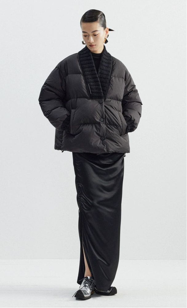 ZHUCHONGYUN black ribbed collar short puffer jacket-FULLBUSTER.