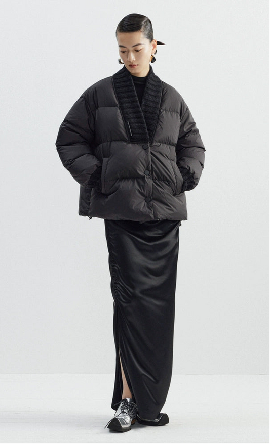 ZHUCHONGYUN black ribbed collar short puffer jacket-FULLBUSTER.