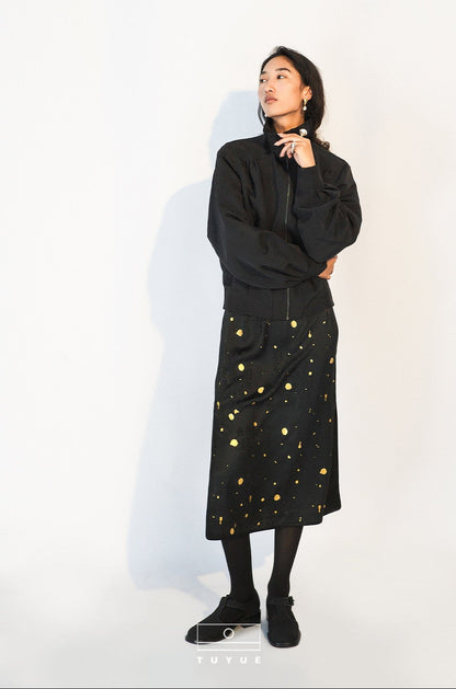 TUYUE Stand Collar Zipper Cropped Silhouette Jacket - HELEN.