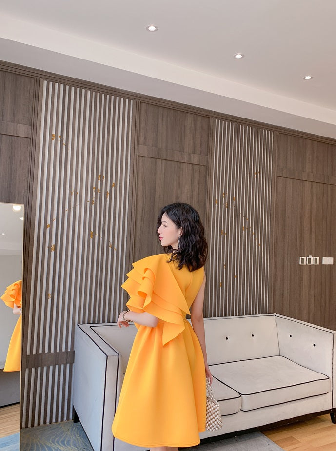 DOLLY Luxury Retro Style Crew Neck One Shoulder Ruffle Sleeves Midi Office Dress-CLAUDI