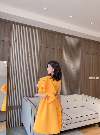 DOLLY Luxury Retro Style Crew Neck One Shoulder Ruffle Sleeves Midi Office Dress-CLAUDI