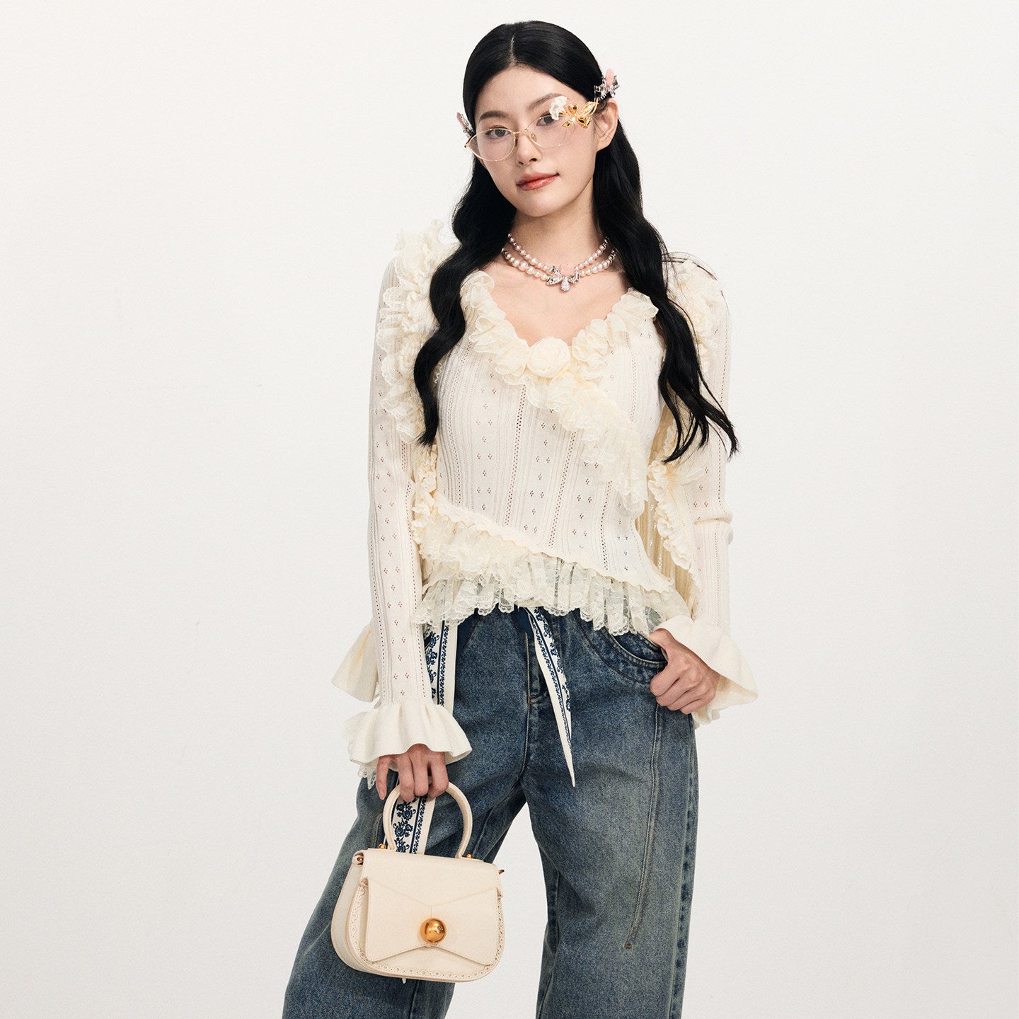 FAME Three-Dimensional Floral Ruffle Trim Lace Long Sleeve Knitted Sweater