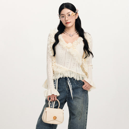 FAME Three-Dimensional Floral Ruffle Trim Lace Long Sleeve Knitted Sweater