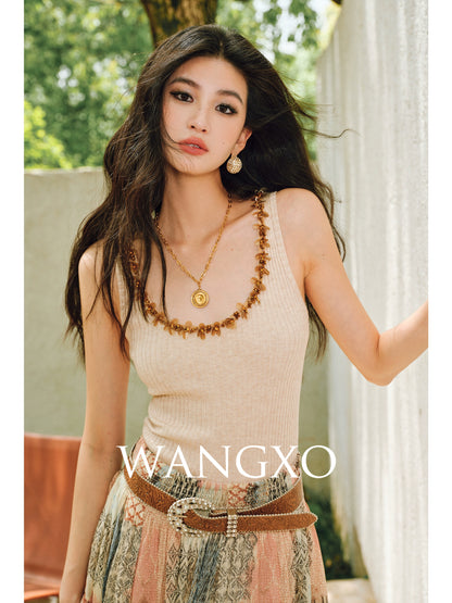 WANGXO |Diamond Bright Silk Webbing with Pit Texture Finish Knitted Vest -LYRA
