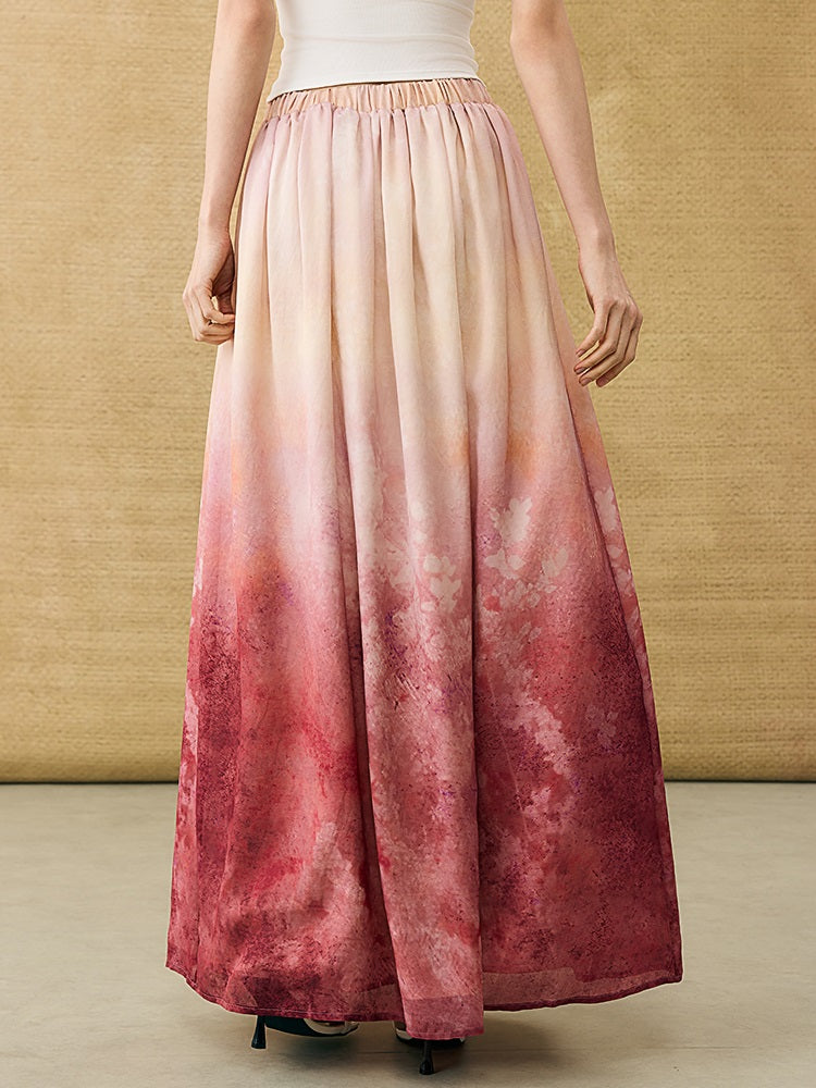 HECO Chinese Gradient Blended Lightweight Summer Print High-Waisted Skirt - AVEL.