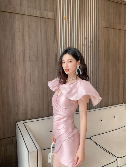 DOLLY Elegant V-Neck Short Flying Sleeve Hip Wrap Short Dinner Date Dress-KELA