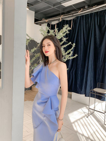 DOLLY Elegant Stylish Ruffle Off Shoulder Slim Fit Midi Slit Dinner Dress-LEOLA