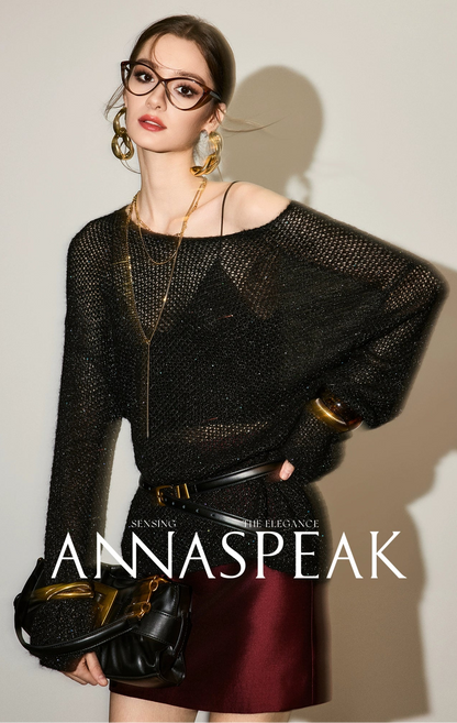 ANNASPEAK Asymmetrical off-the-shoulder wool beaded long sleeve knit-SOSO.