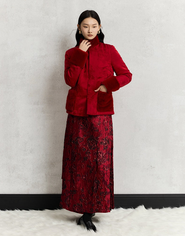 HECO 100% viscose High Neck Fur Collar red black Cotton Suit Women - entity.