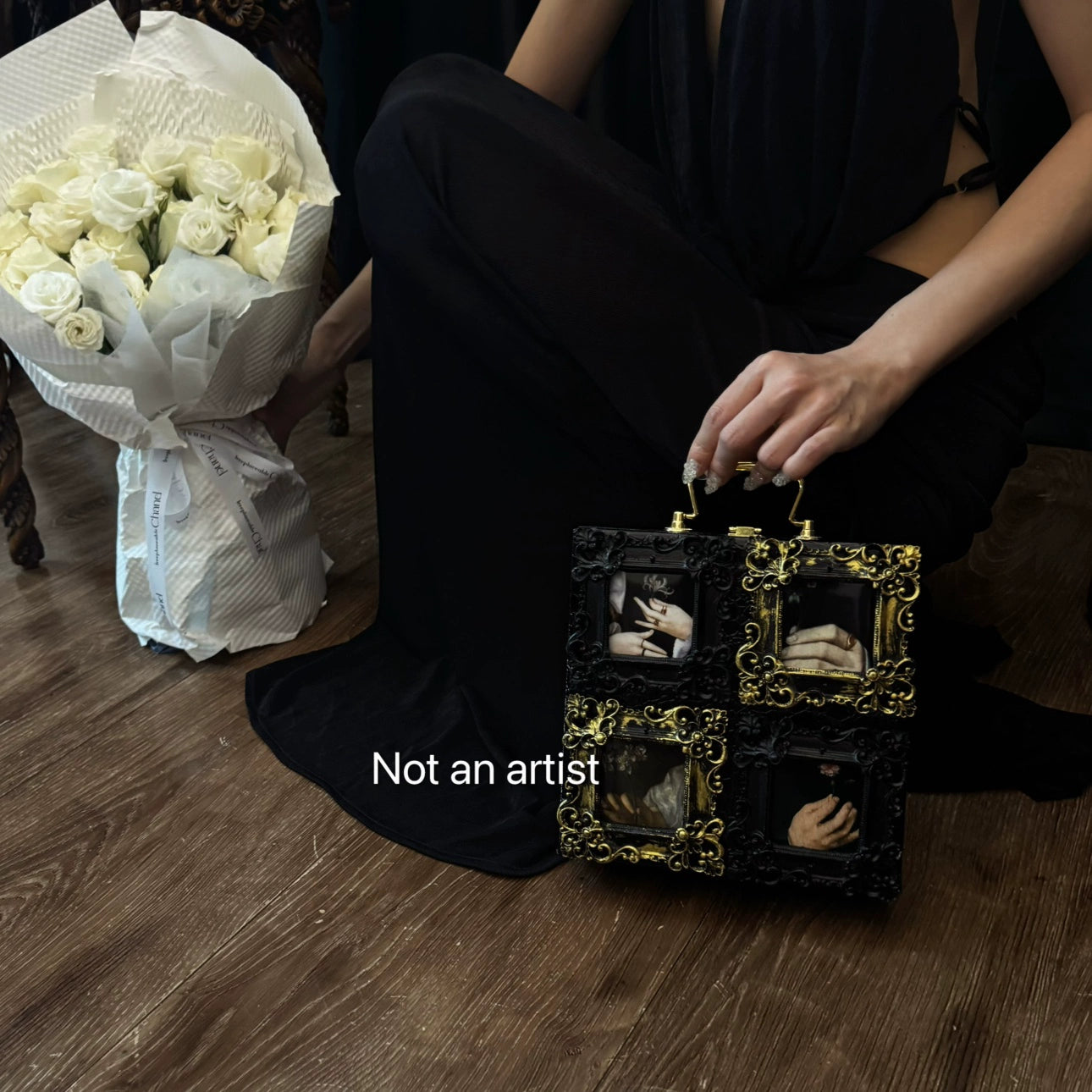 NOT AN ARTIST Vintage handmade black gold oil painting box clutch - MINQ