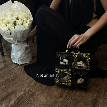 NOT AN ARTIST Vintage handmade black gold oil painting box clutch - MINQ