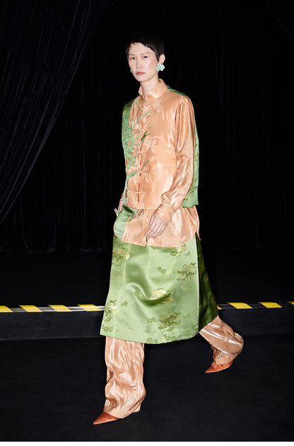 M essential Mackay's designer orchid puffer gilet shirt skirt Pant set - three.