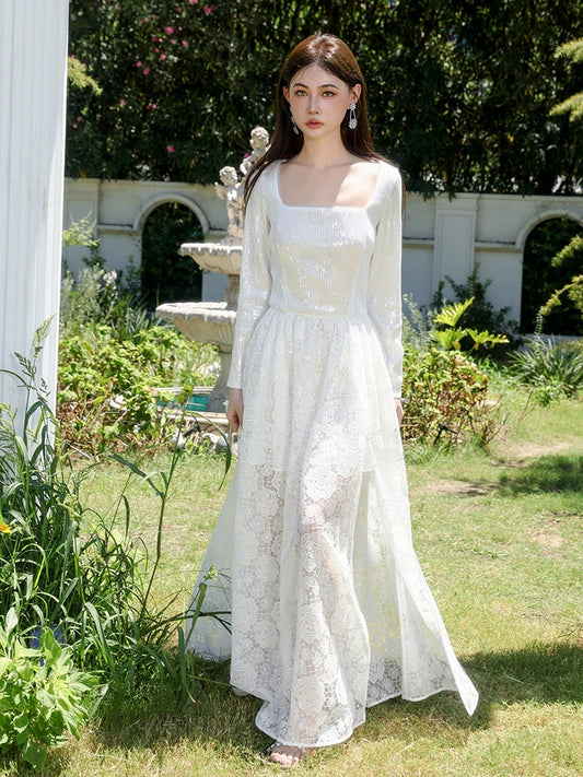 Wardrobes by Chen White French Style Sequin Lace Maxi Dress-Tabitha